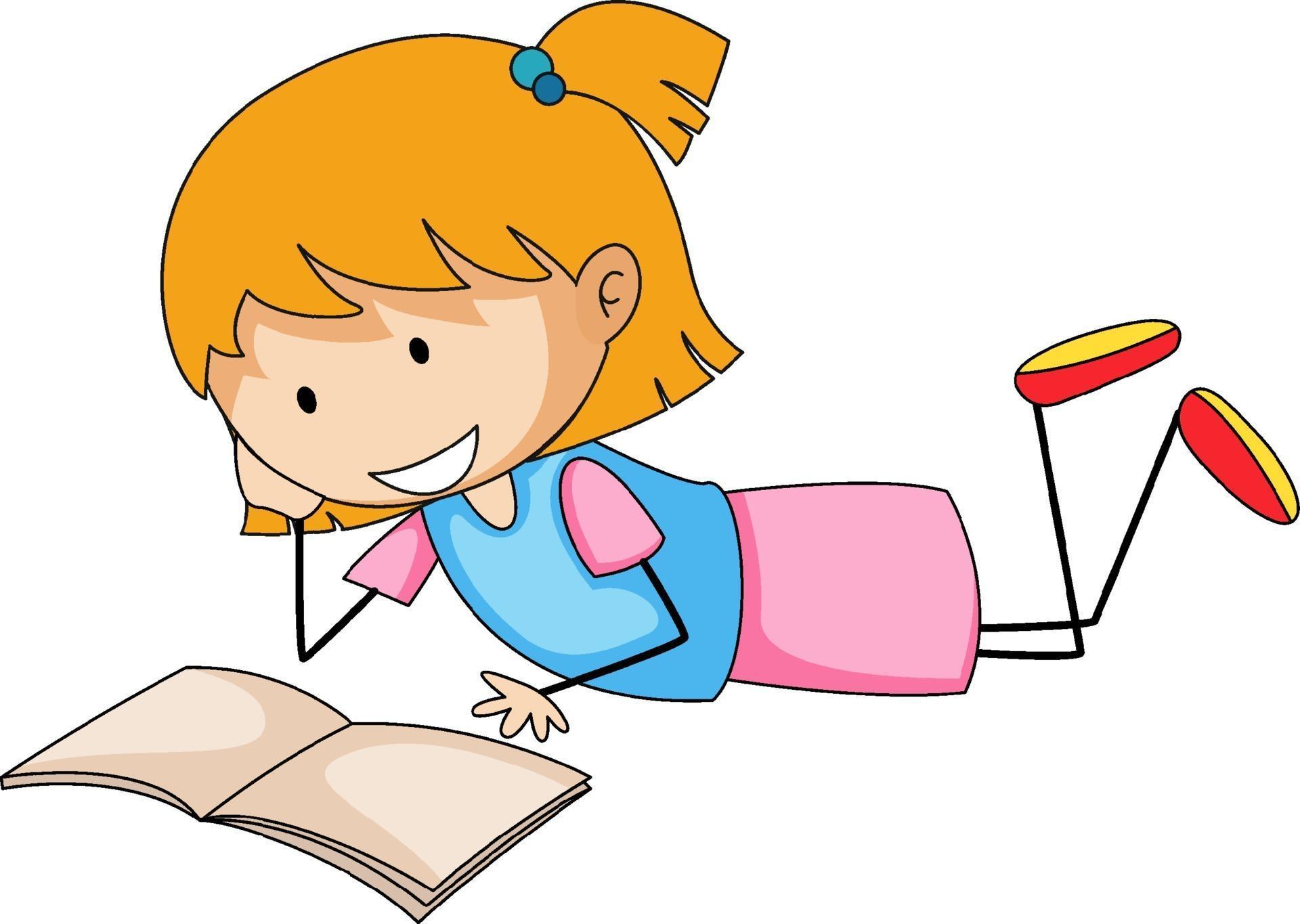 Cute girl reading book doodle cartoon character 2284297 Vector Art at ...