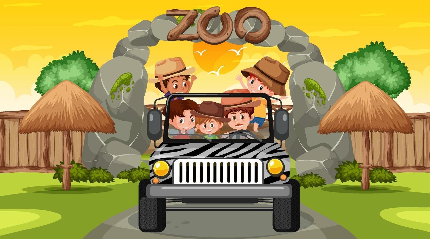 Zoo at sunset time scene with many kids in a jeep car vector