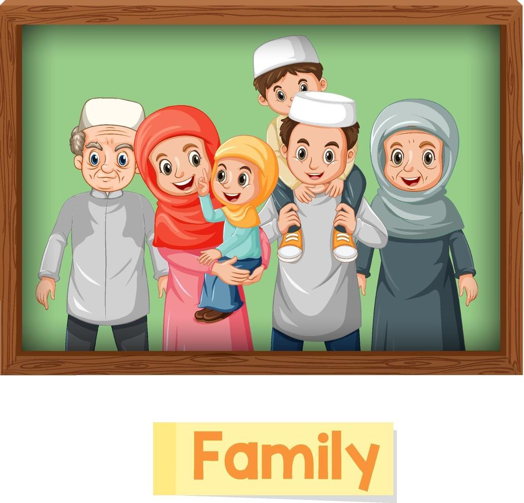 Educational English word card of muslim family members vector