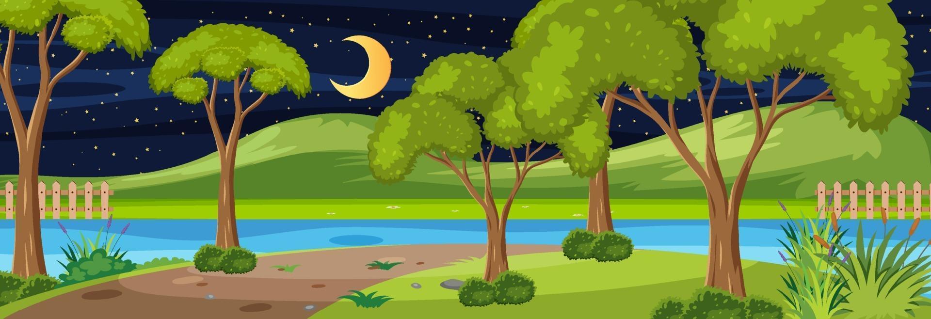 Forest along the river horizontal scene at night with many trees vector