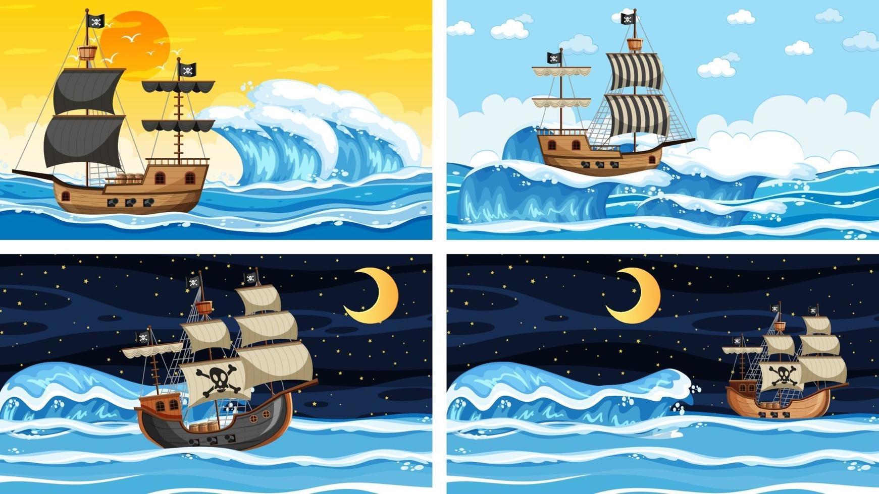 Conjunto de diferentes escenas de playa con barco pirata. vector