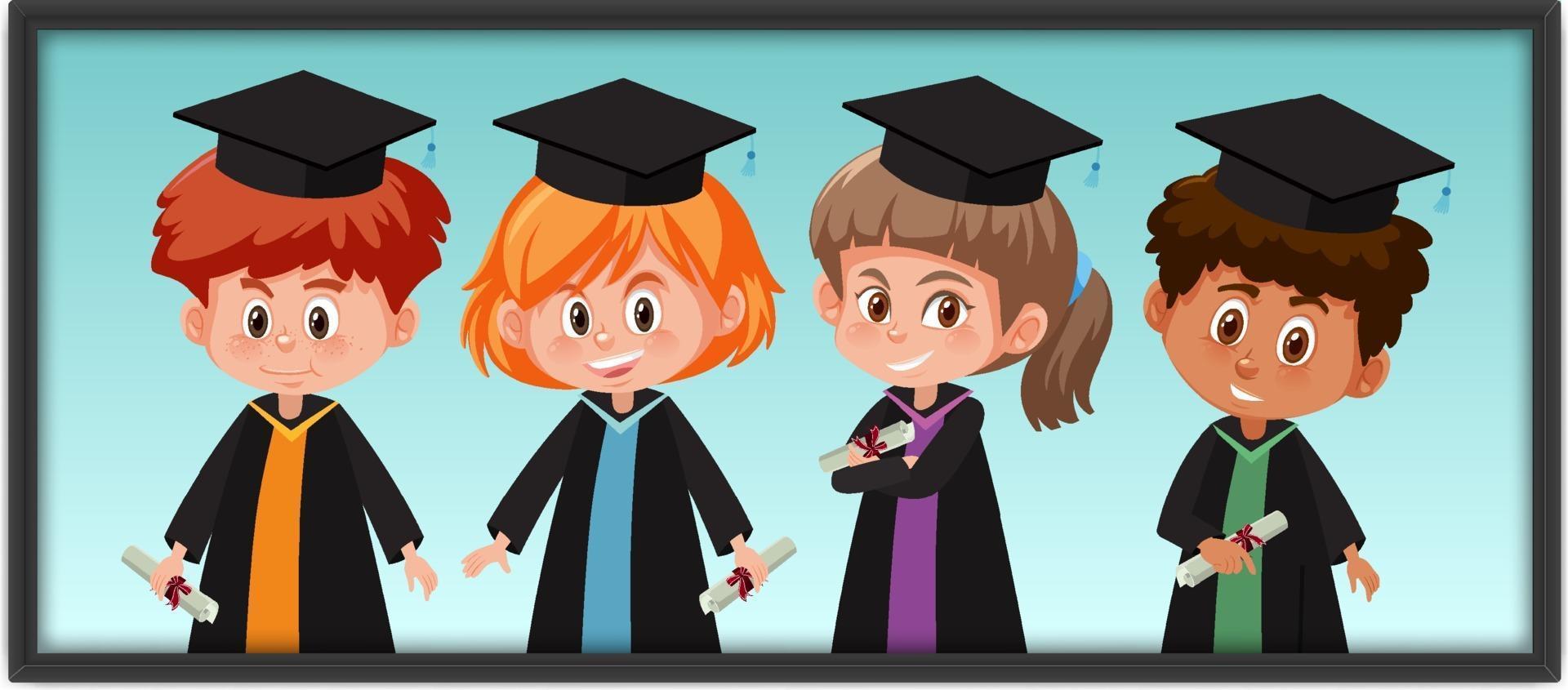 Many children in graduation costume in photo frame vector