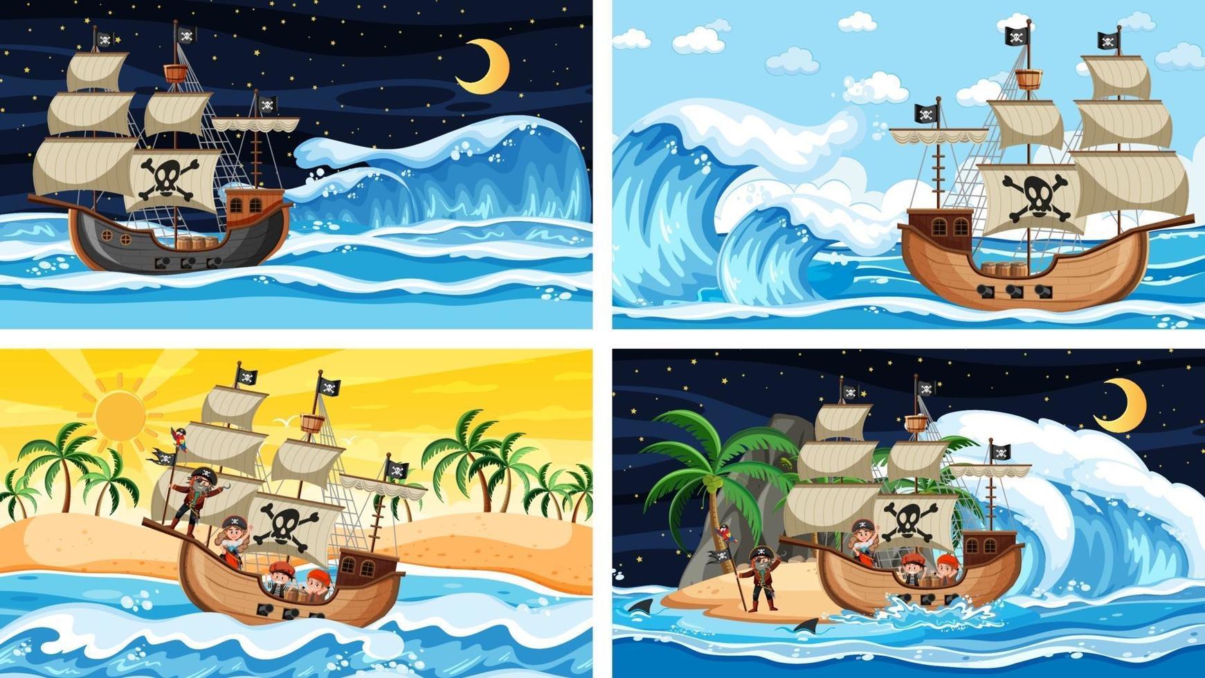 Cuatro escenas de playa diferentes con barco pirata. vector