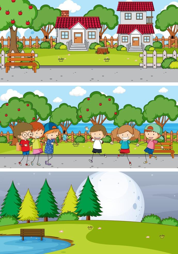 Conjunto de fondo de diferentes escenas horizontales con personaje de dibujos animados de niños doodle vector