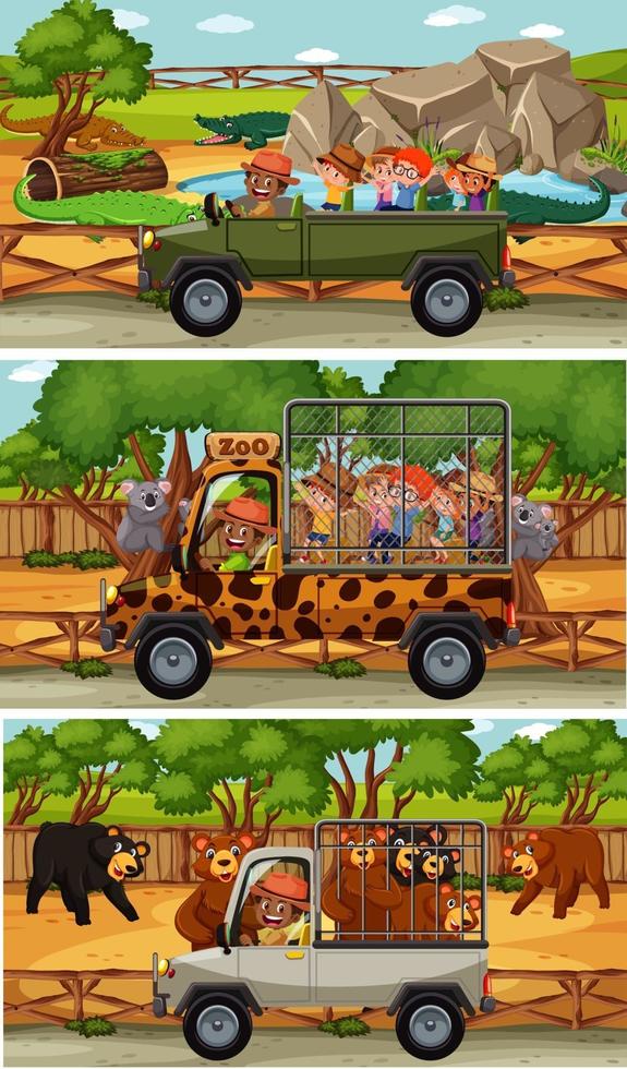 Set of different safari horizontal scenes with animals and kids cartoon character vector