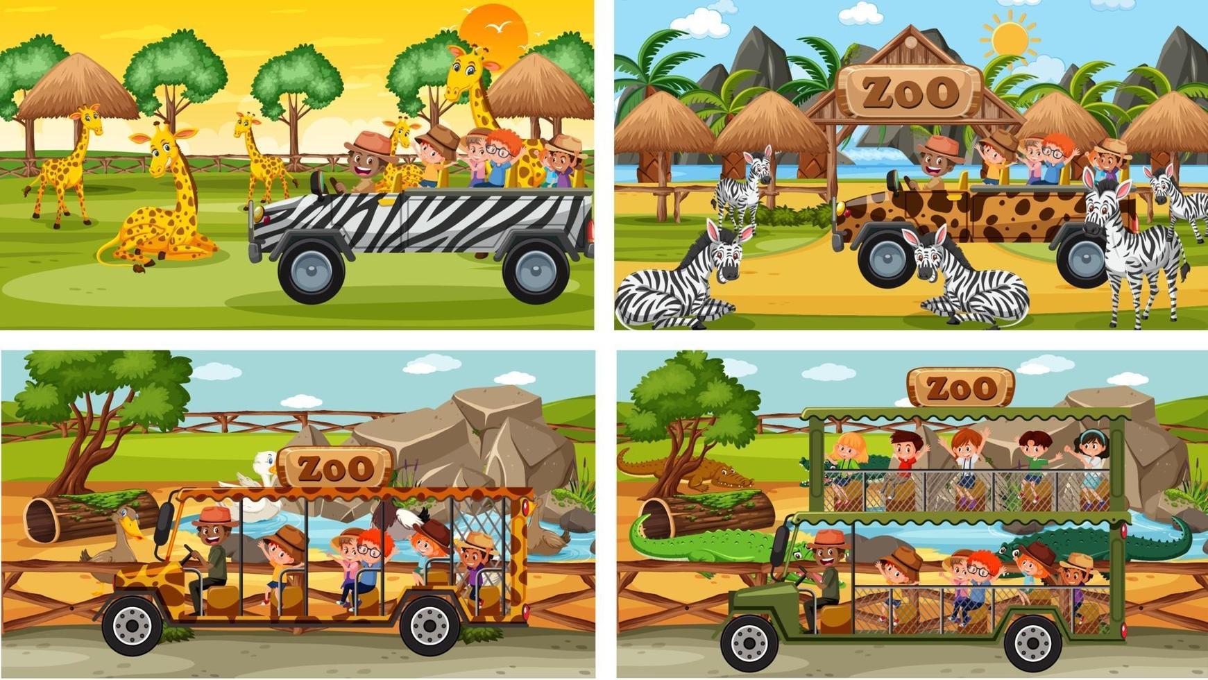 Set of different safari scenes with animals and kids cartoon character vector