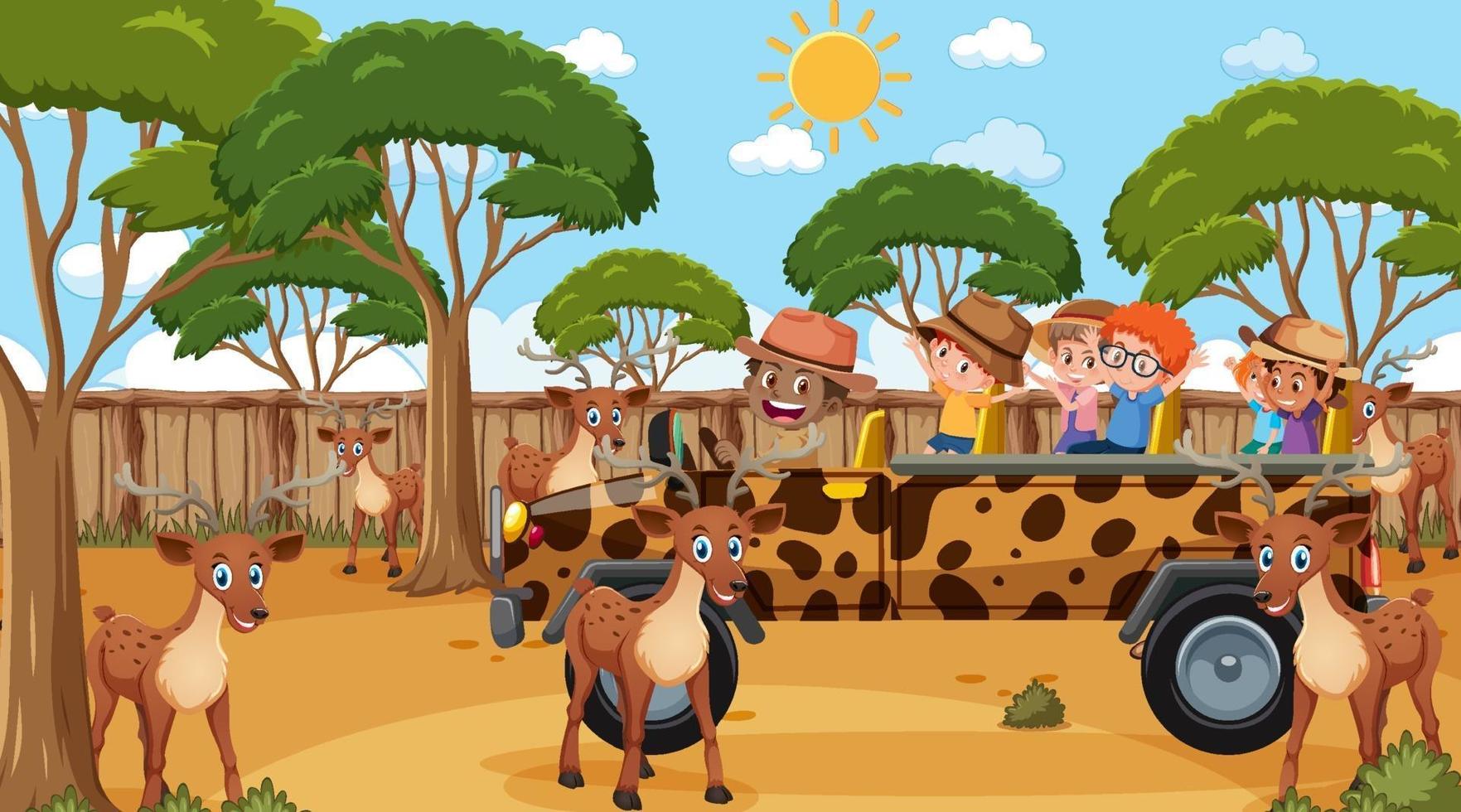 Safari at day time scene with many kids watching deer group vector