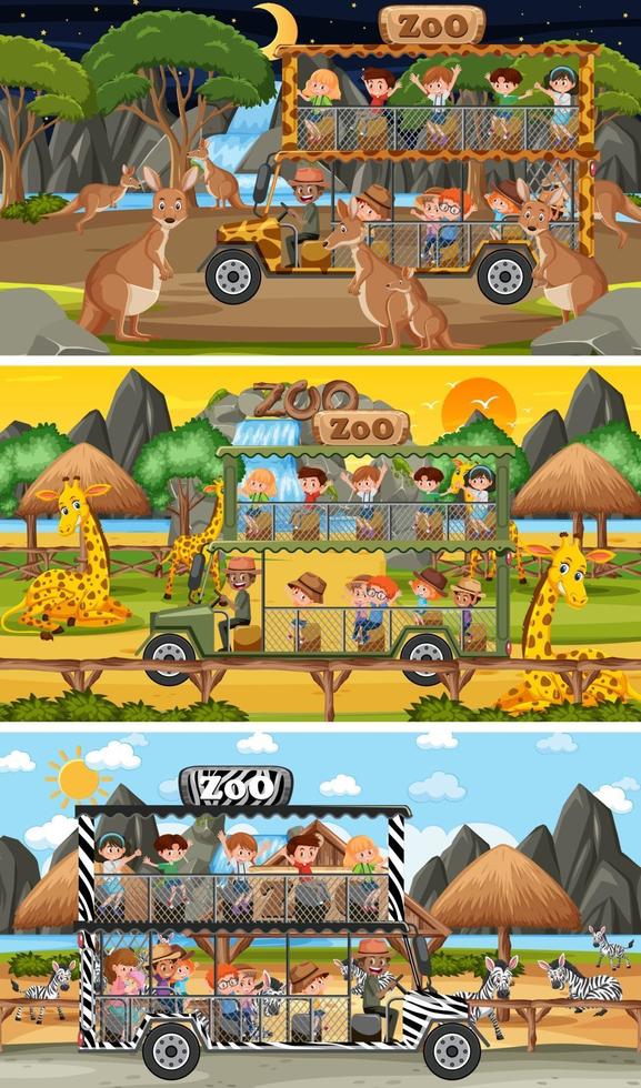 Set of different safari horizontal scenes with animals and kids cartoon character vector