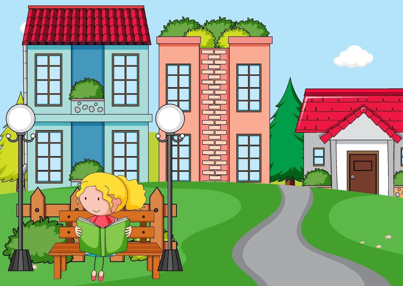 Front house scene with a girl reading book sitting on bench vector