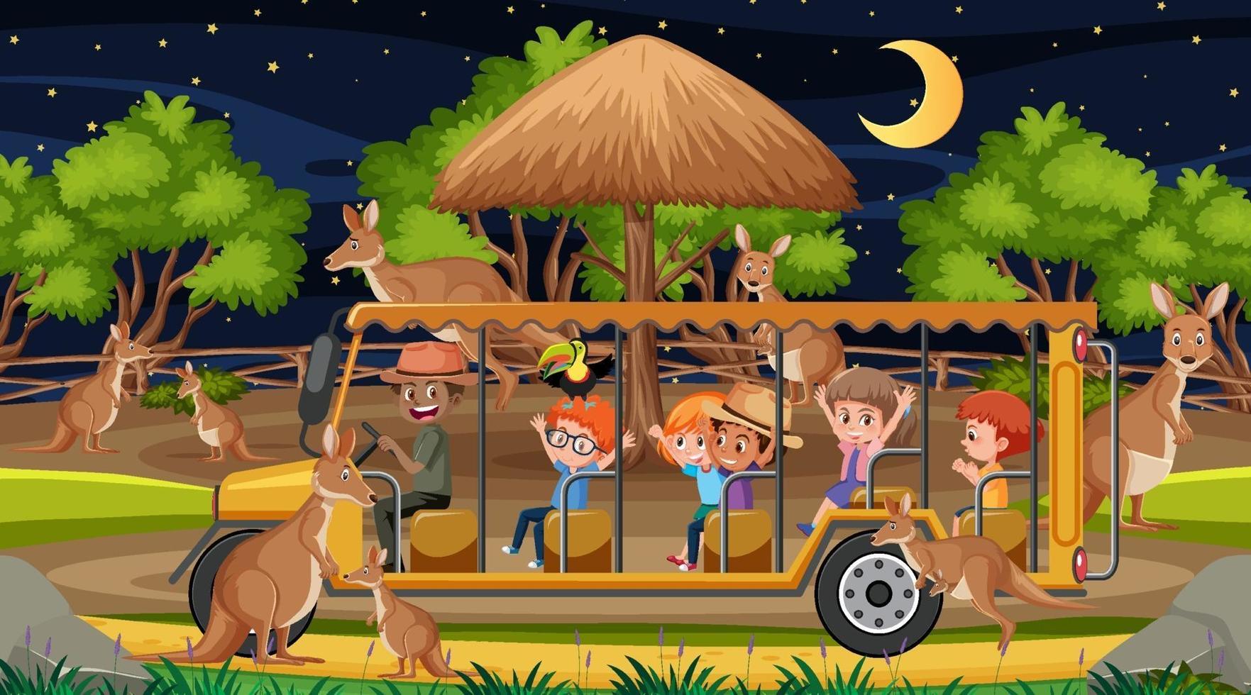 Grupo canguro en escena de safari con niños en el coche turístico. vector