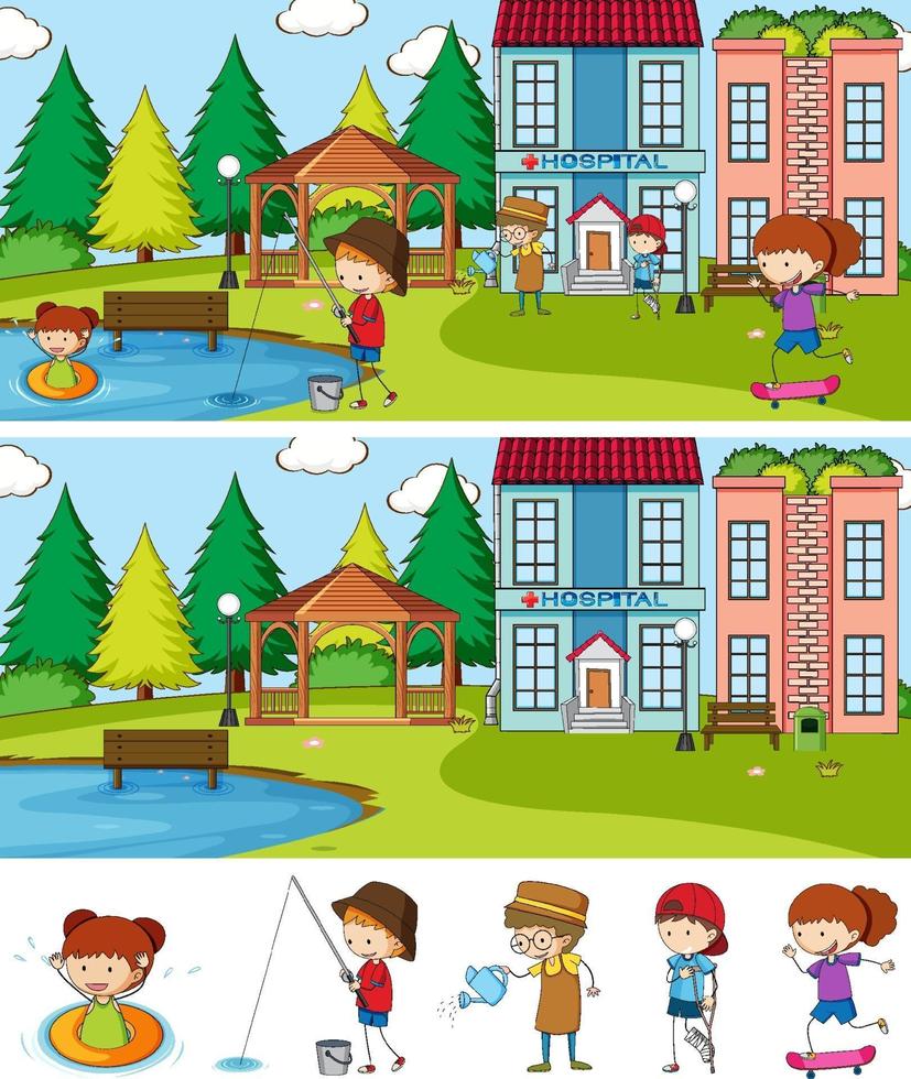 Set of different horizontal scenes background with doodle kids cartoon character vector
