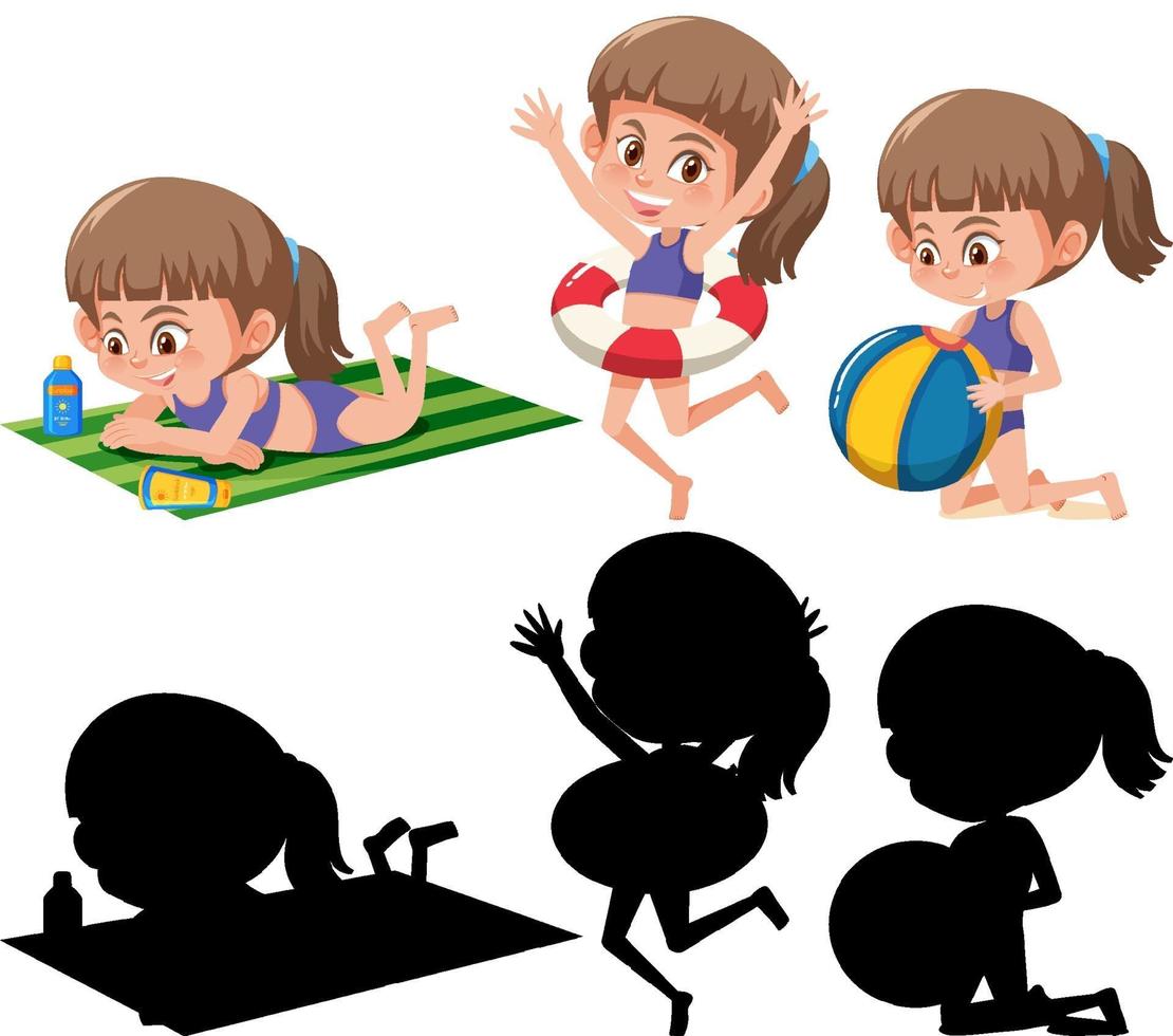 Set of different kids cartoon character in summer theme silhouette vector