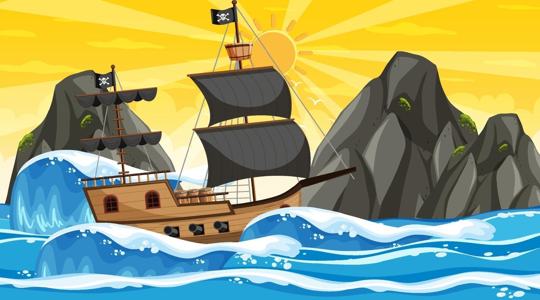 Ocean with Pirate ship at sunset time scene in cartoon style vector