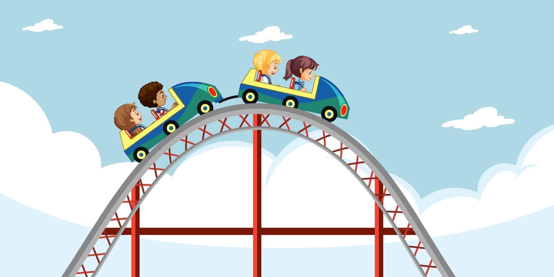 Children ride roller coaster with sky background vector
