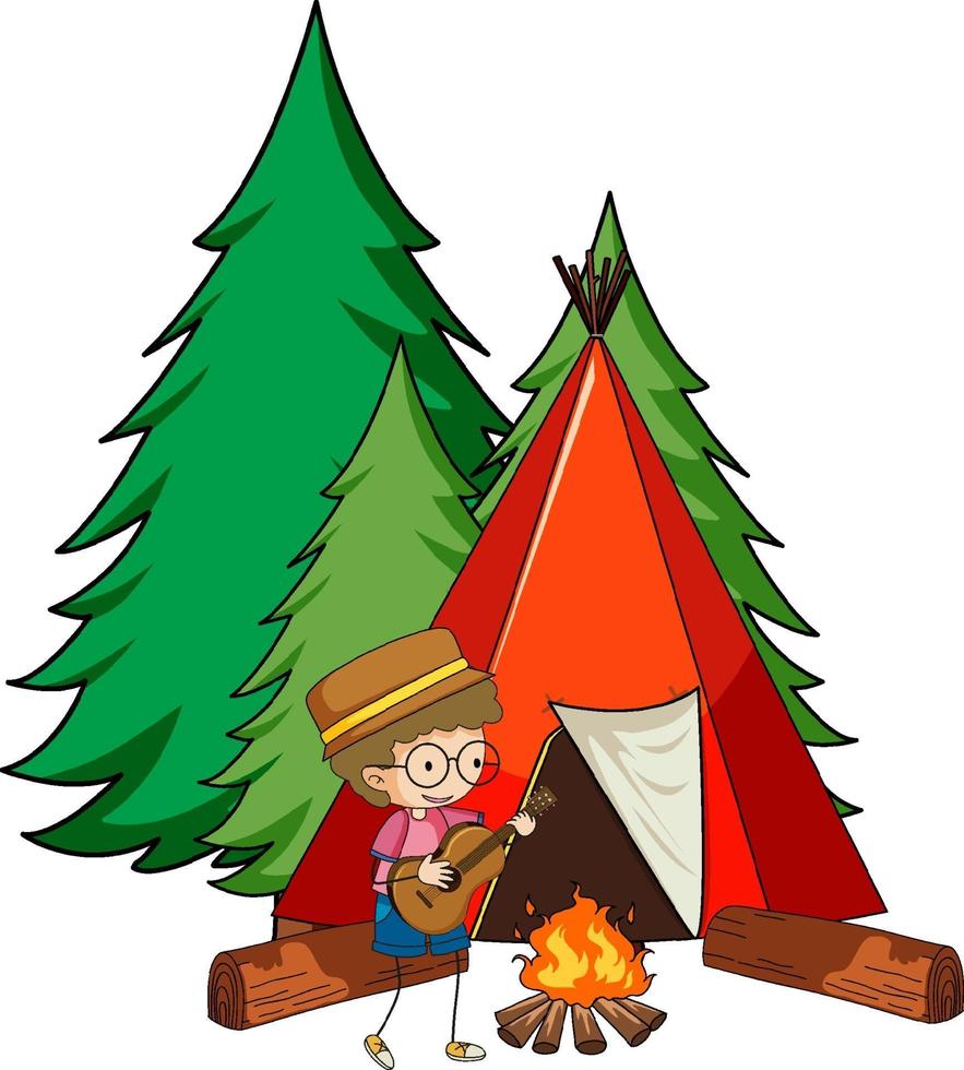Camping tent with doodle kids cartoon character isolated vector