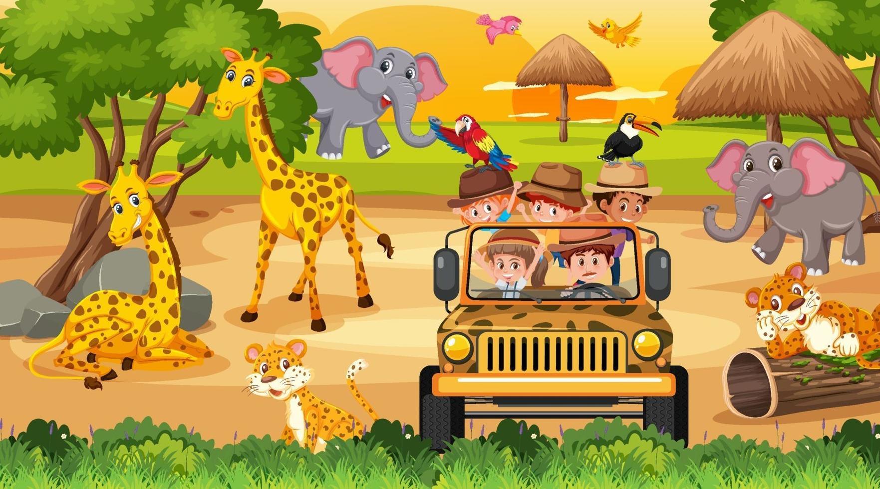 safari en la escena de la puesta del sol con muchos niños viendo animales vector