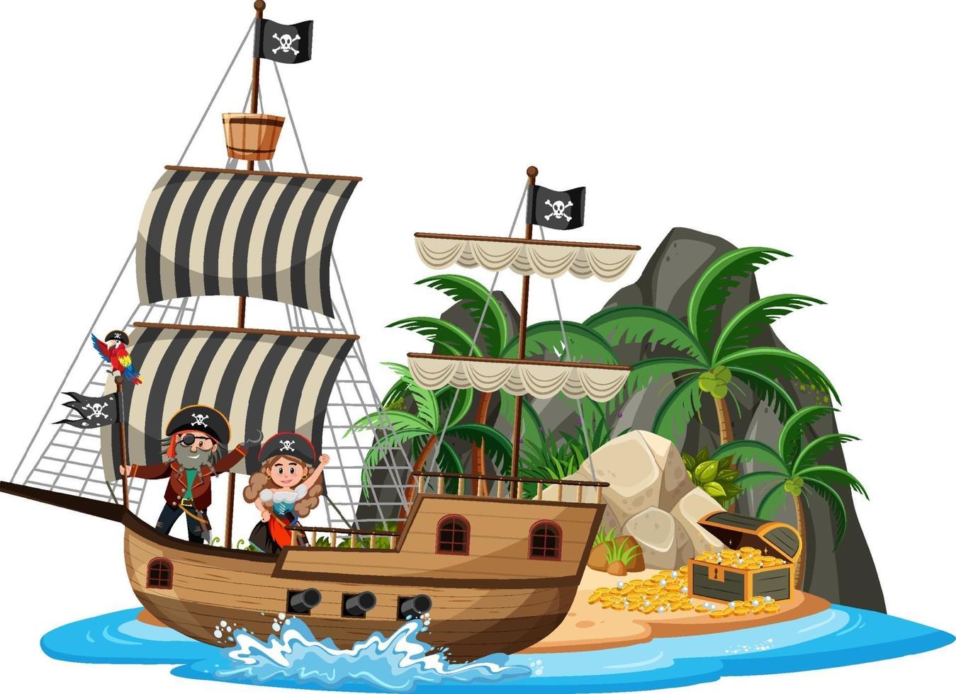 Barco pirata en la isla con muchos niños aislado sobre fondo blanco. vector