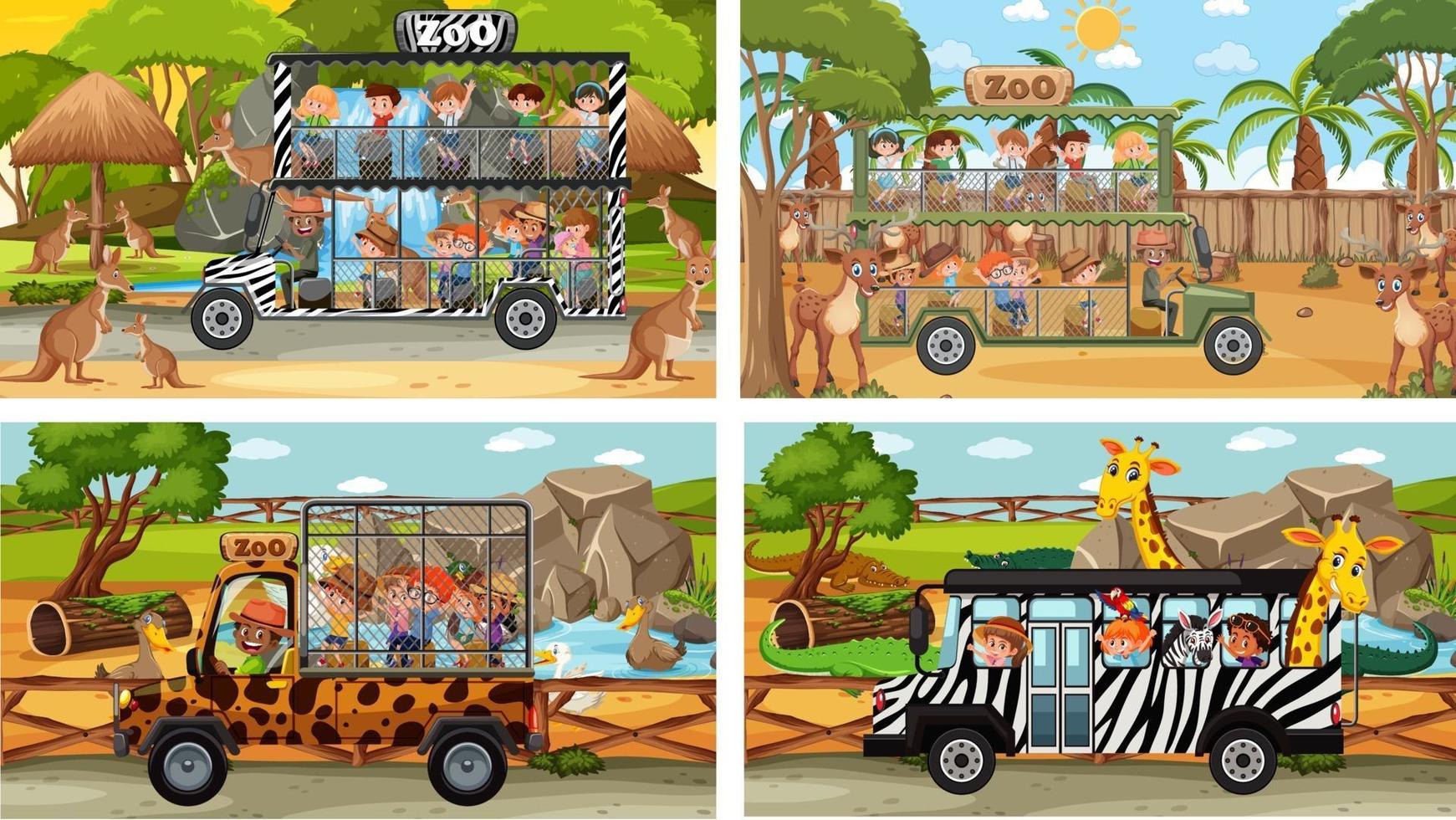 Set of different safari scenes with animals and kids cartoon character vector