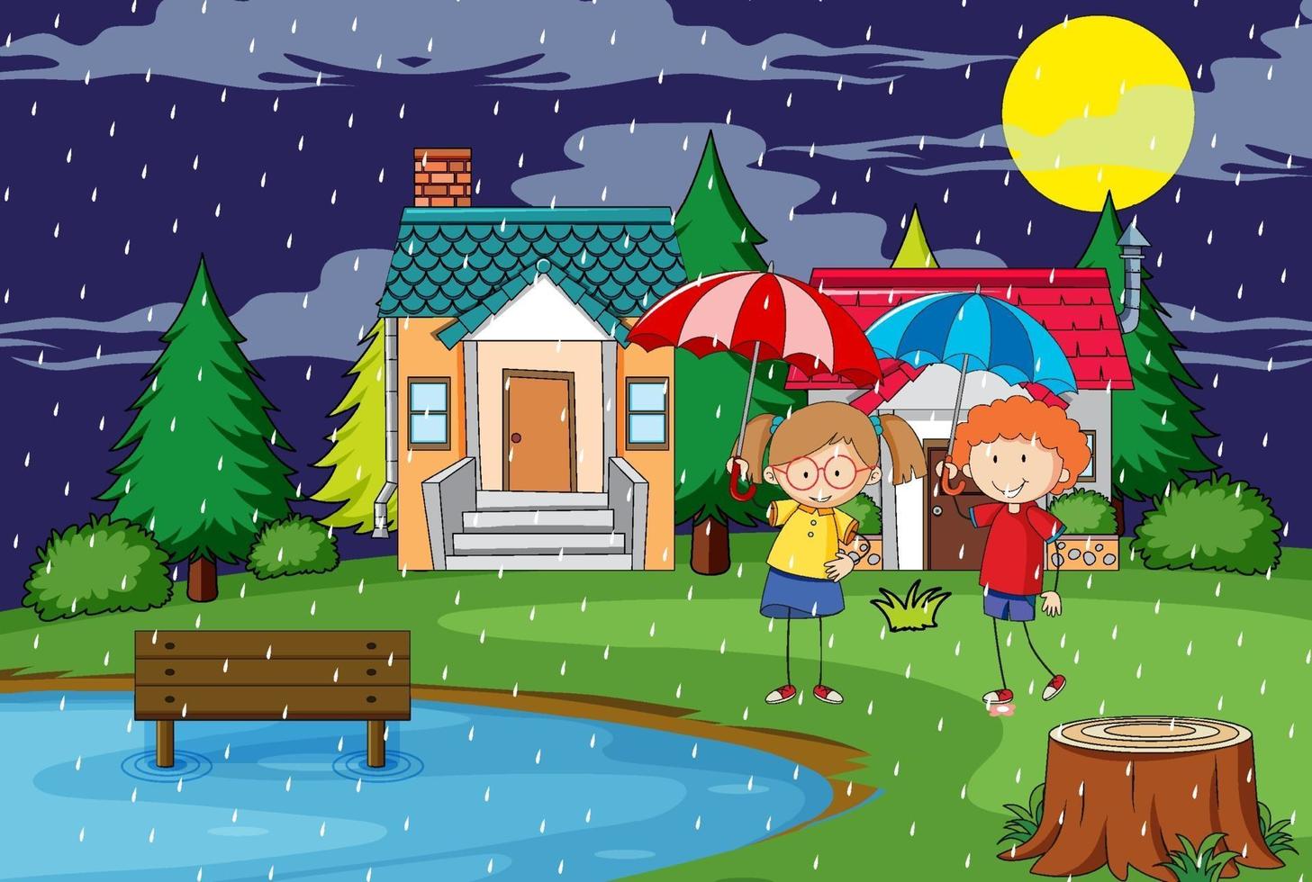 Outdoor scene at night with two kids holding umbrella vector