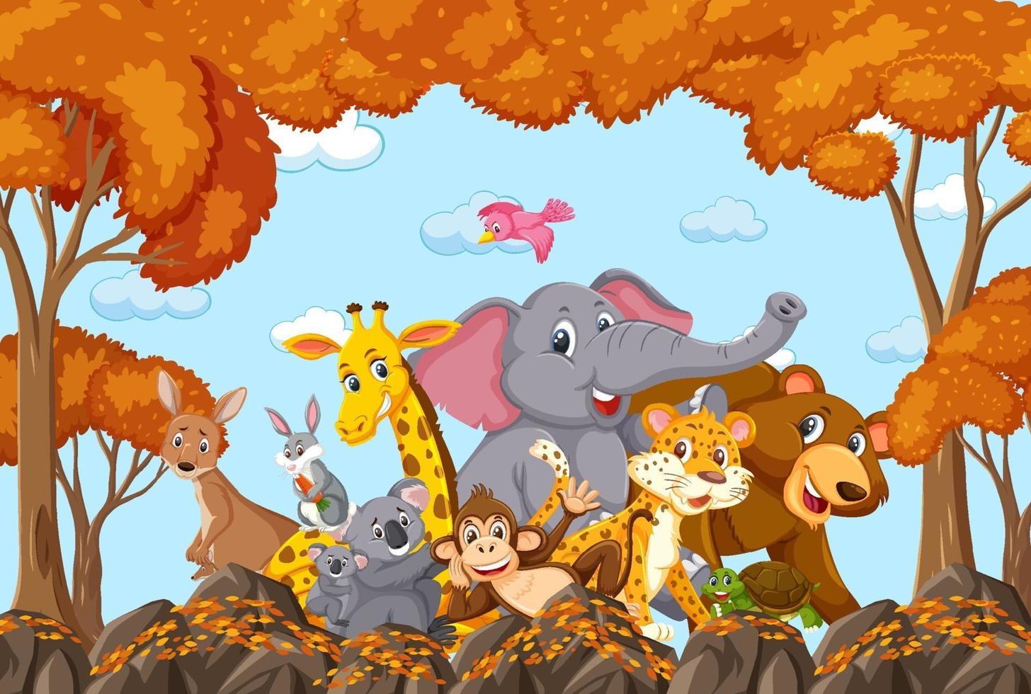 Wild animals group in the autumn forest scene vector