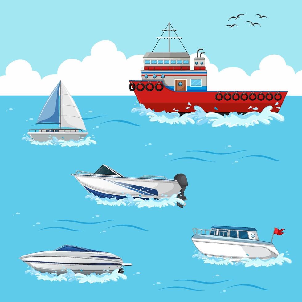 Many different ships on the ocean scene vector