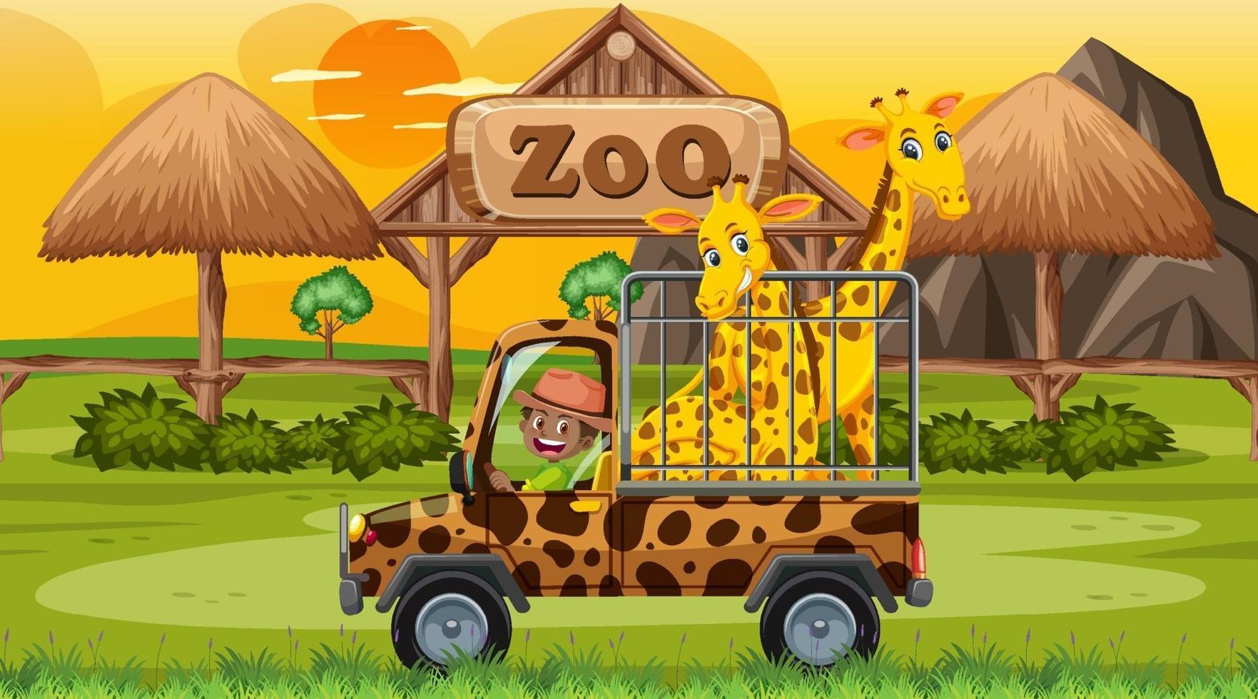 Safari at sunset time scene with giraffes in the cage car vector