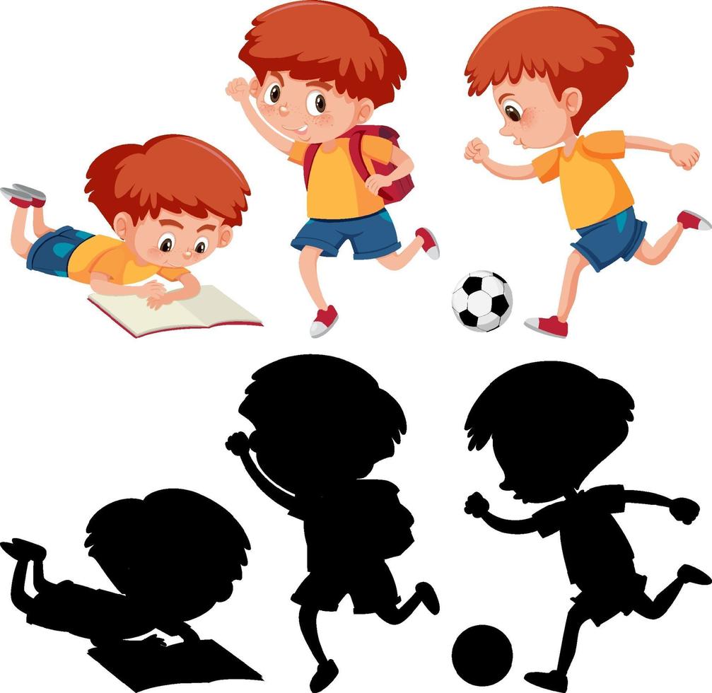 Set of a boy cartoon character in different positions with its silhouette vector