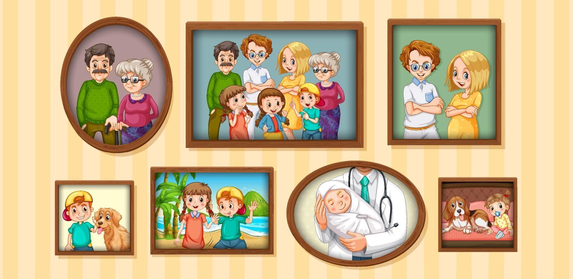 Set of happy family photo on the wooden frame vector