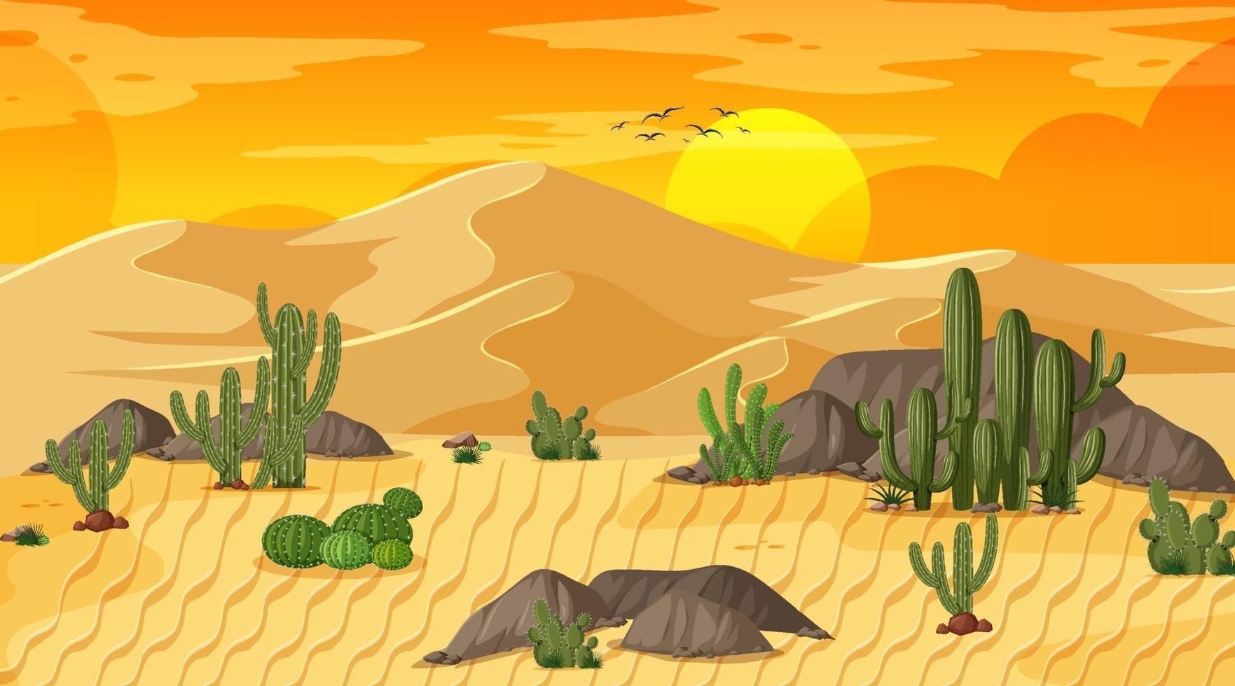 paisaje de bosque desértico en la escena del atardecer con oasis vector