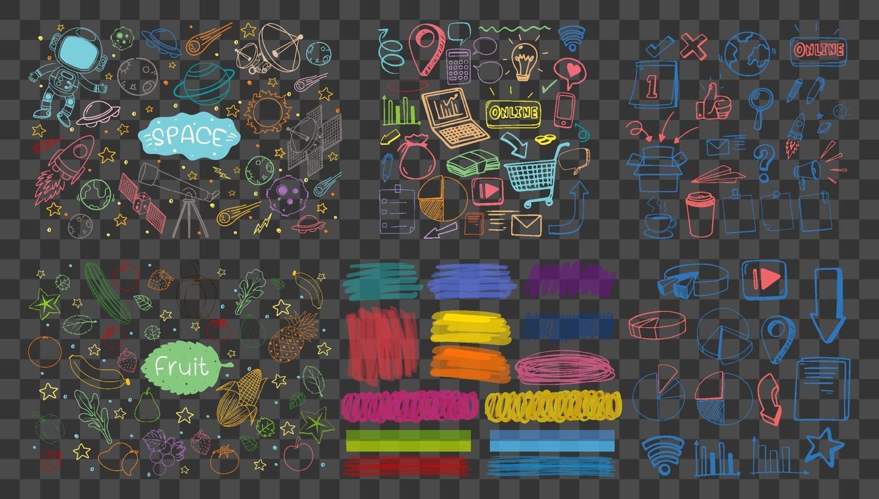conjunto de objetos coloridos y símbolos dibujados a mano doodle sobre fondo transparente vector