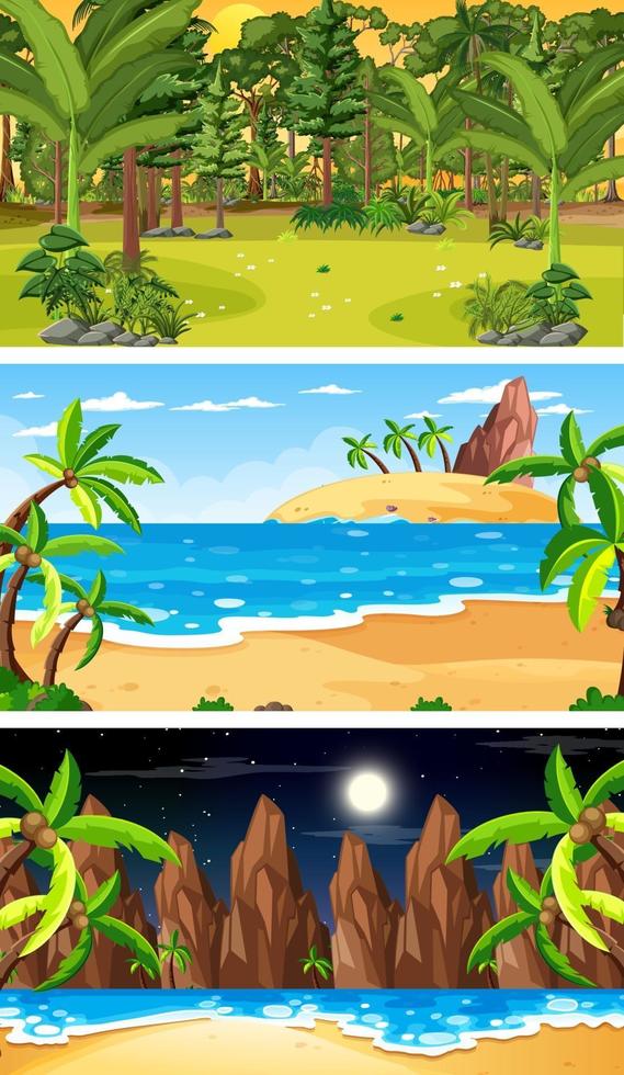 Tres escenas horizontales de bosque diferentes. vector