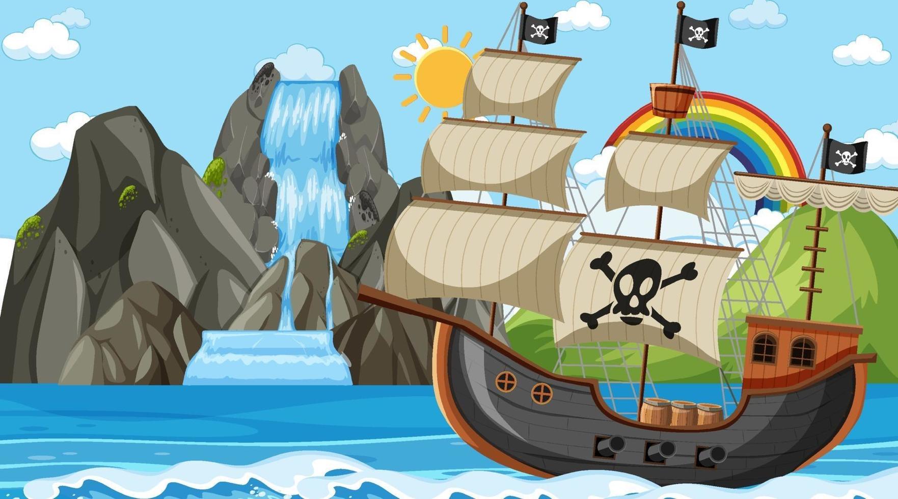 Ocean with Pirate ship at day time scene in cartoon style vector