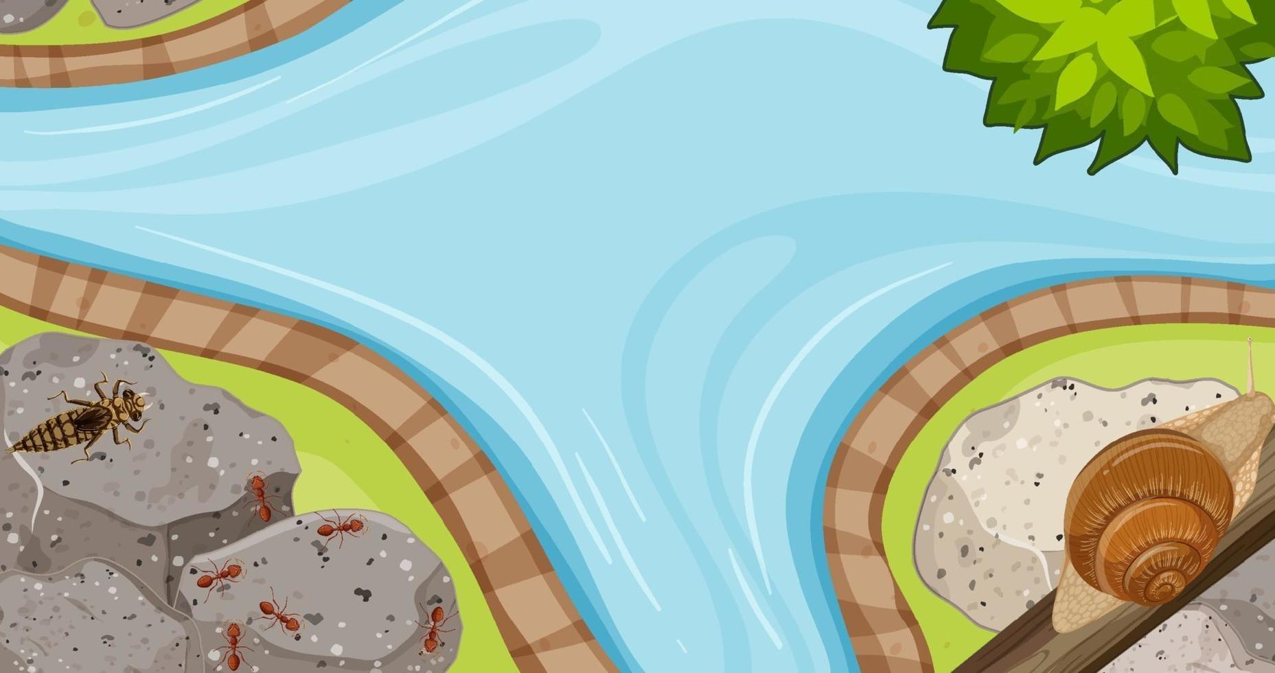 Top view of river garden scene with many insects vector