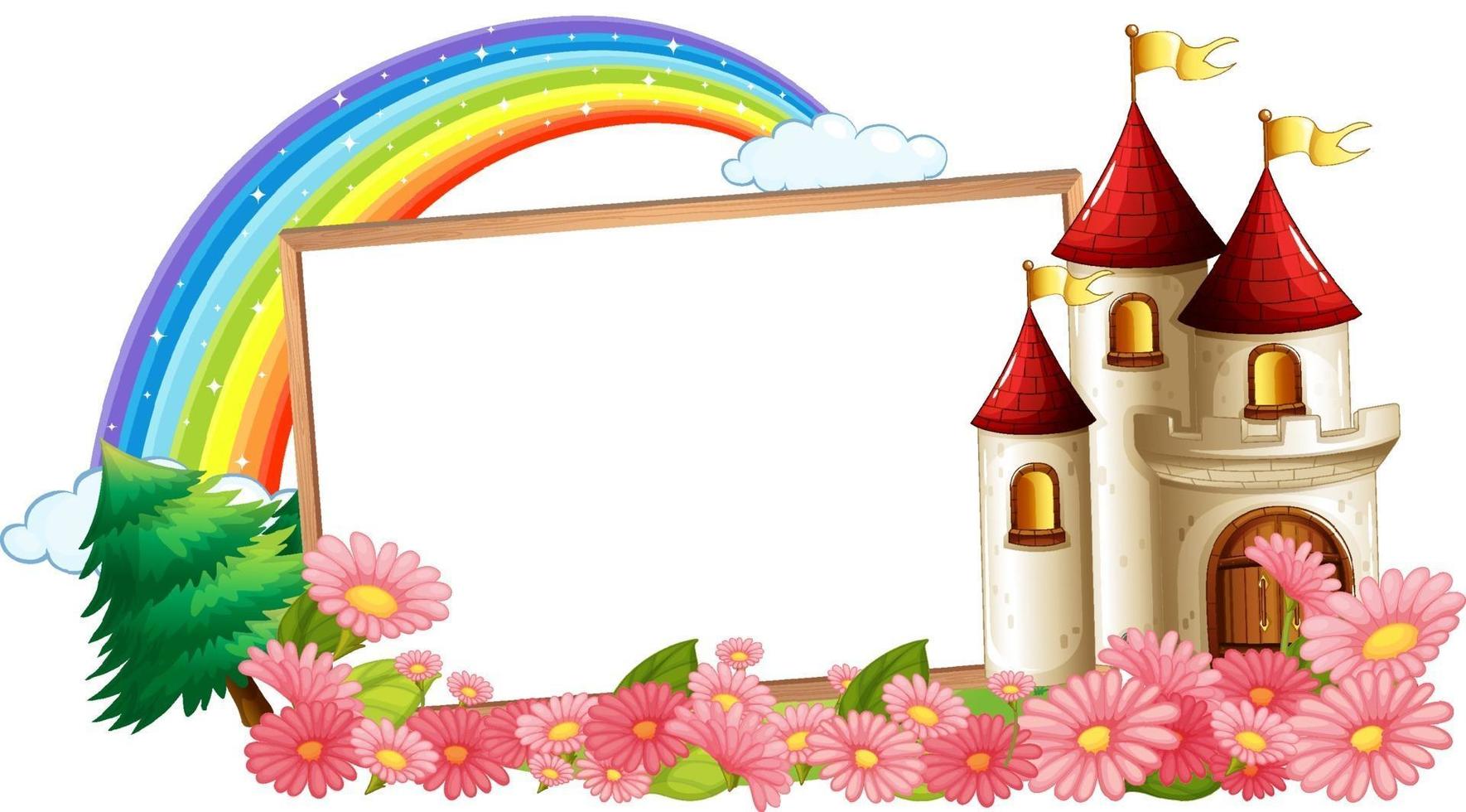 Banner vacío con arco iris y castillo de fantasía. vector