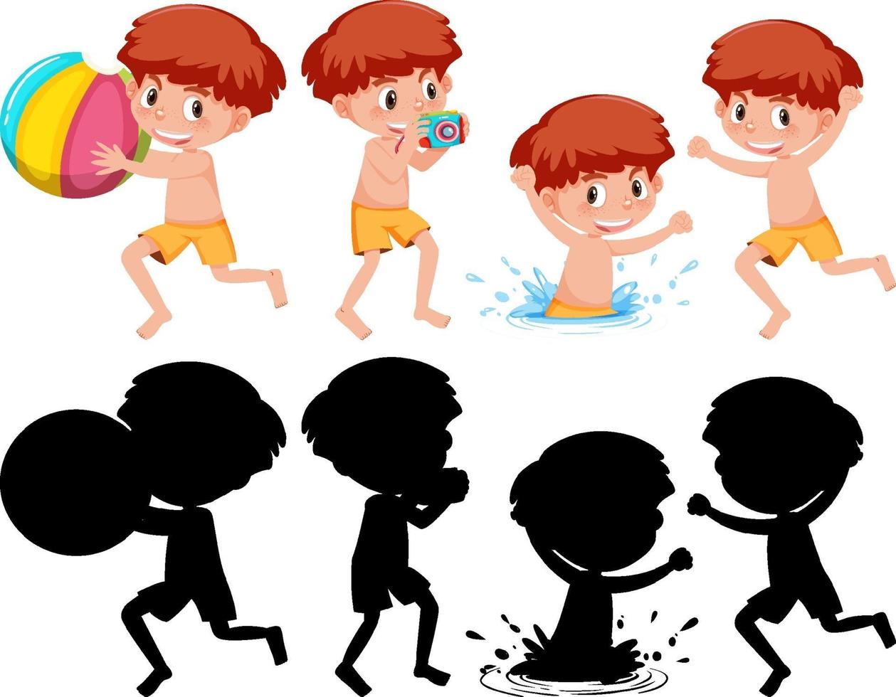 conjunto de un personaje de dibujos animados de niño en diferentes posiciones con su silueta vector