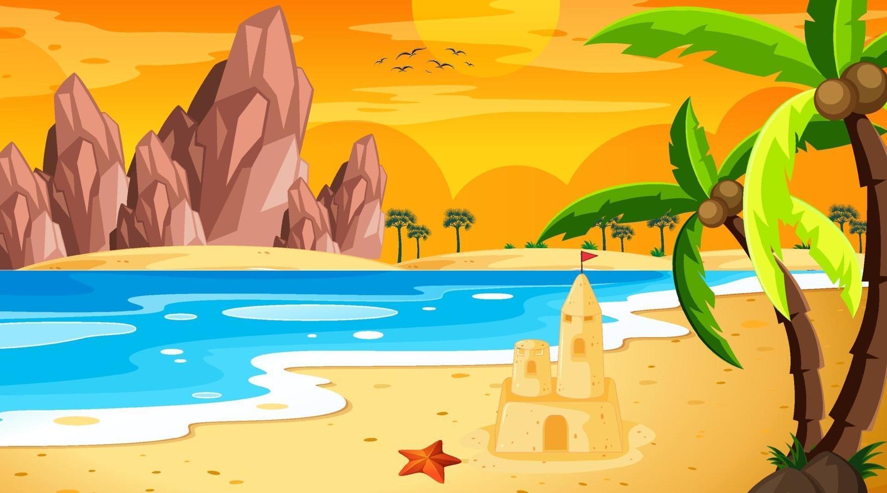 paisaje de playa tropical en la escena del atardecer vector