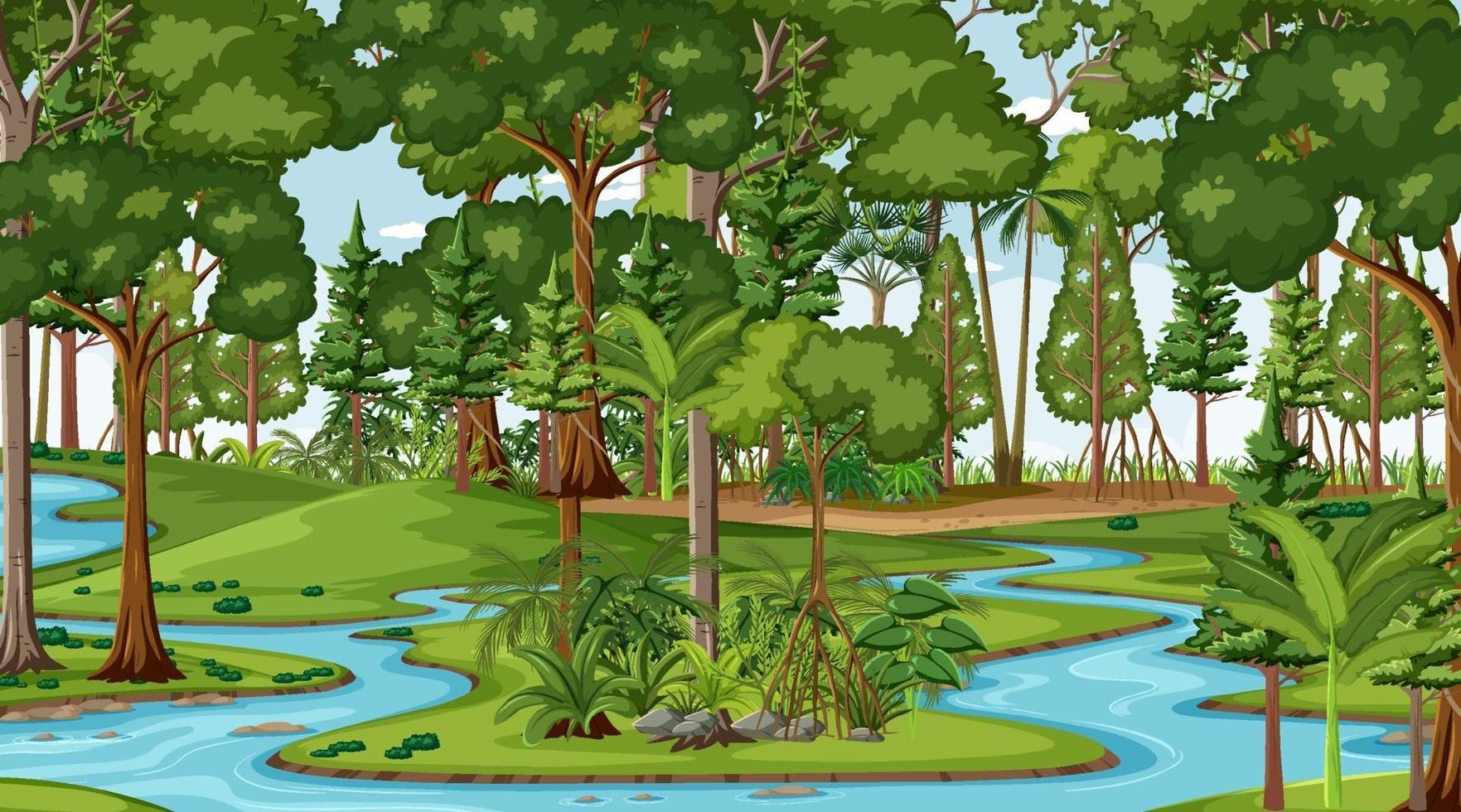 River flow through the forest scene at day time vector