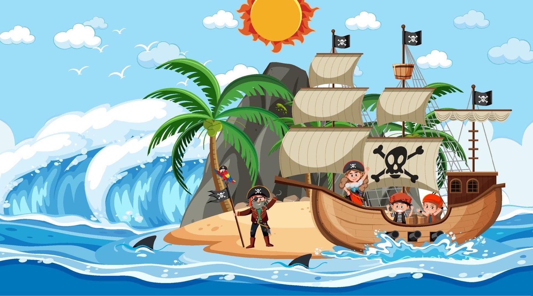 playa con barco pirata en la escena diurna en estilo de dibujos animados vector