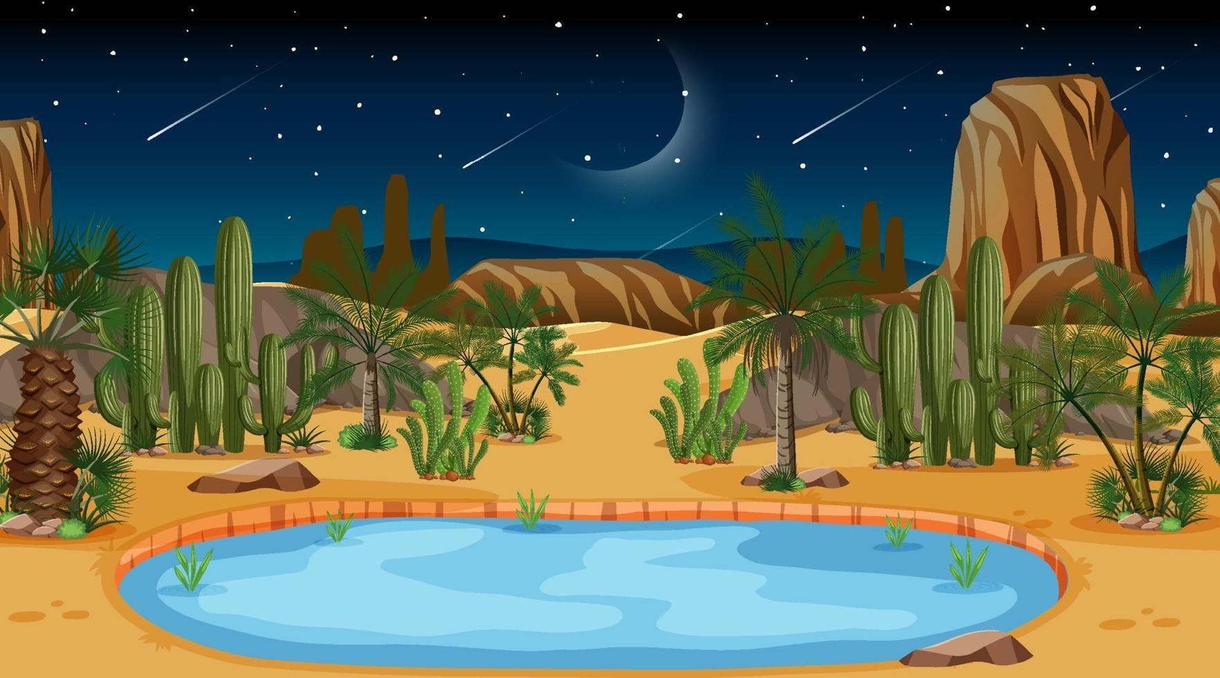 paisaje de bosque desértico en la escena nocturna con oasis vector