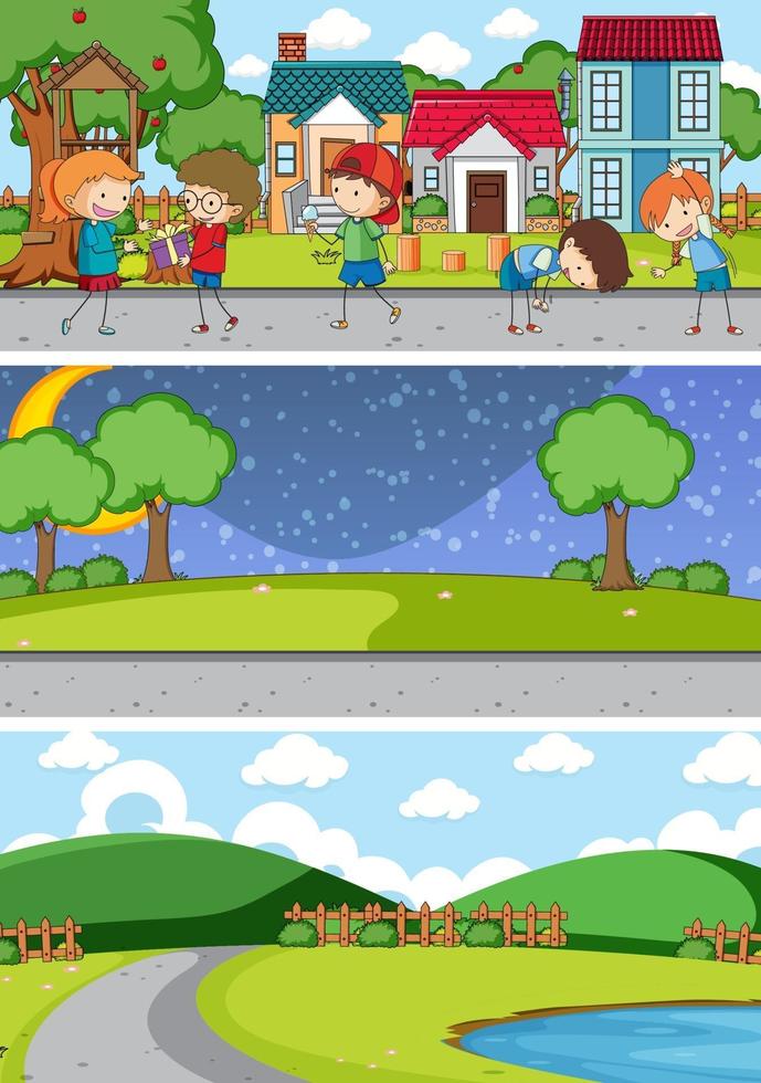 Conjunto de fondo de diferentes escenas de horizonte con personaje de dibujos animados de niños doodle vector