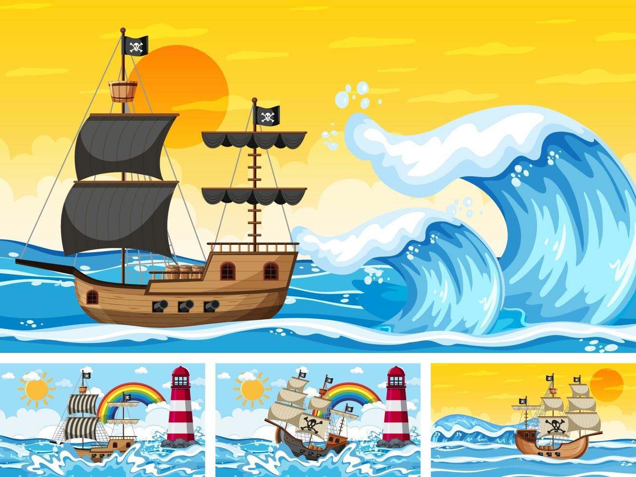 Set of Ocean with Pirate ship at different times scenes  in cartoon style vector