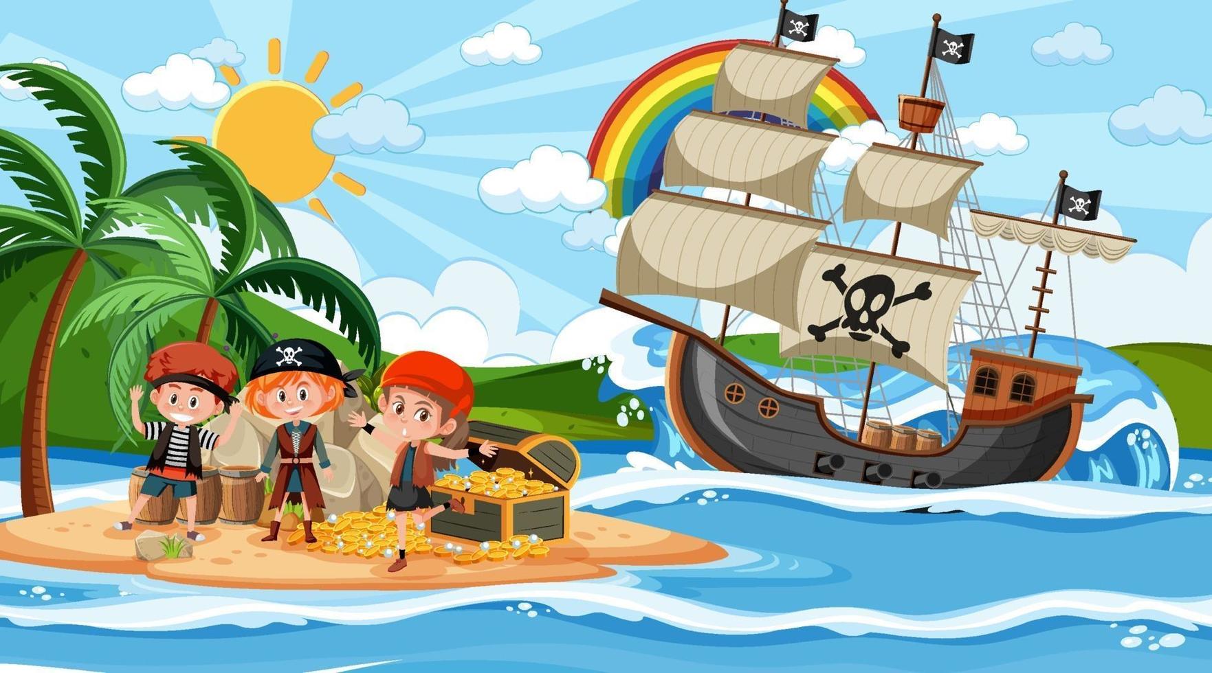 escena de la isla del tesoro durante el día con niños piratas vector