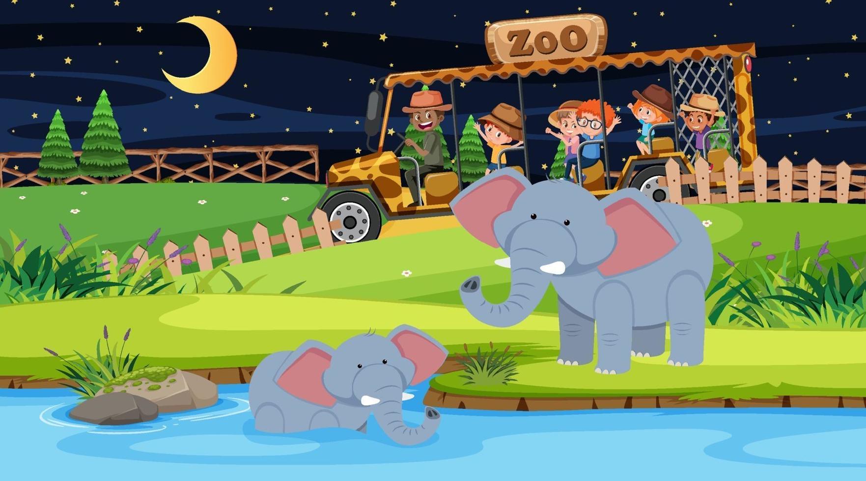 Safari en la escena nocturna con muchos niños viendo un grupo de elefantes. vector