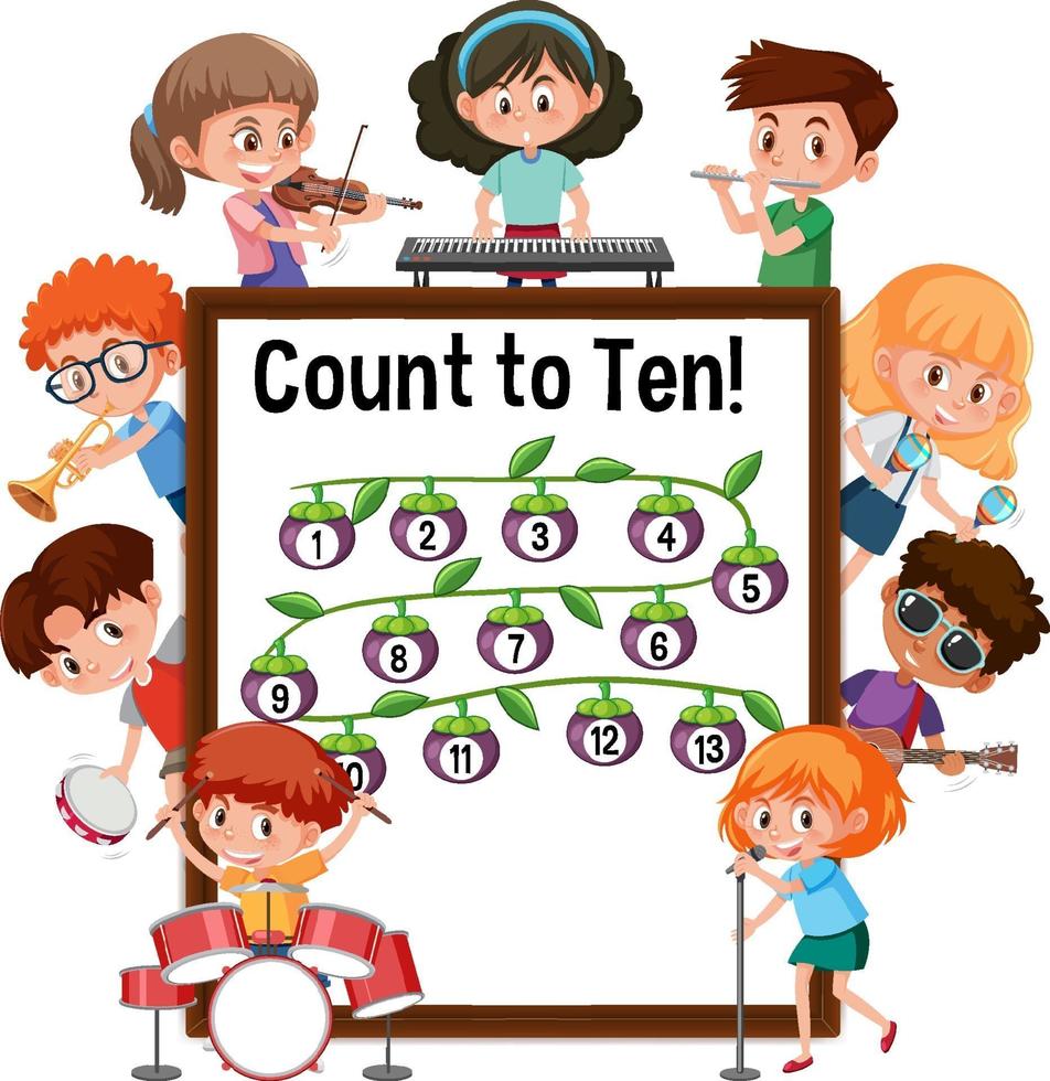 Count to ten number board with many kids doing different activities vector