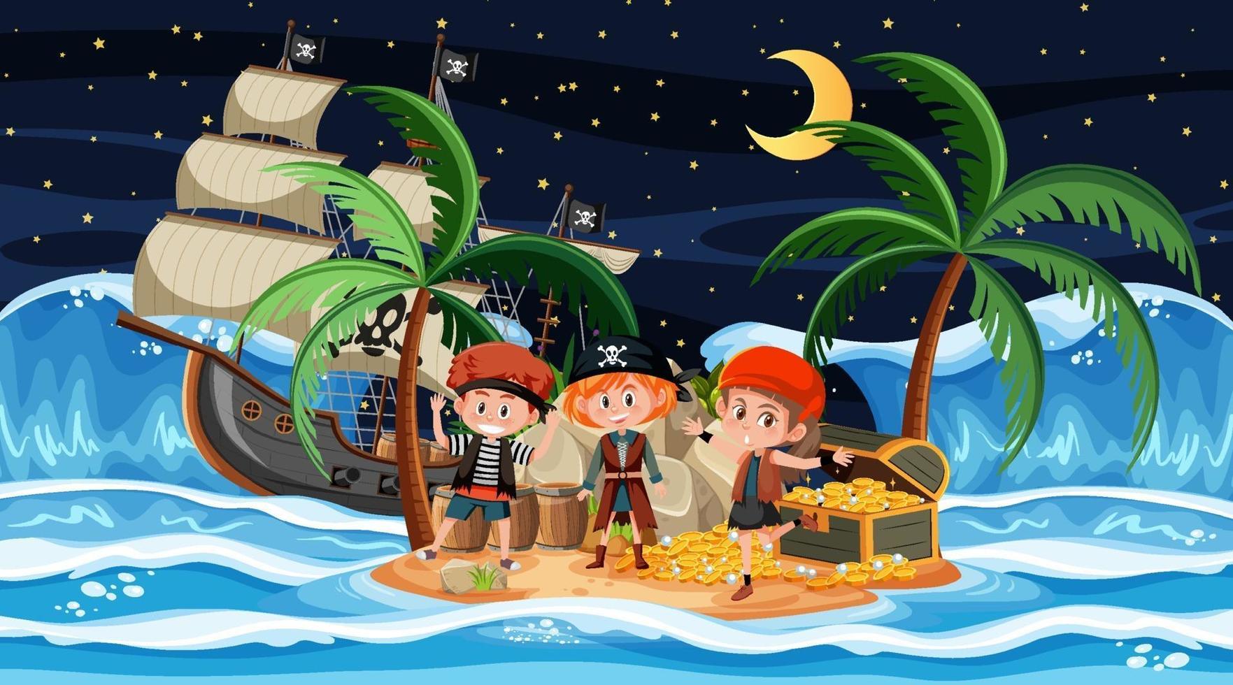 escena de la isla del tesoro en la noche con niños piratas vector