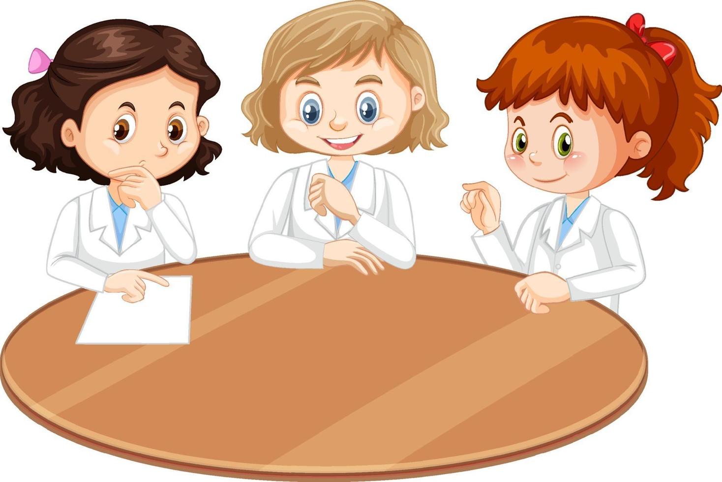 personaje de dibujos animados de tres niñas científicas con mesa en blanco vector