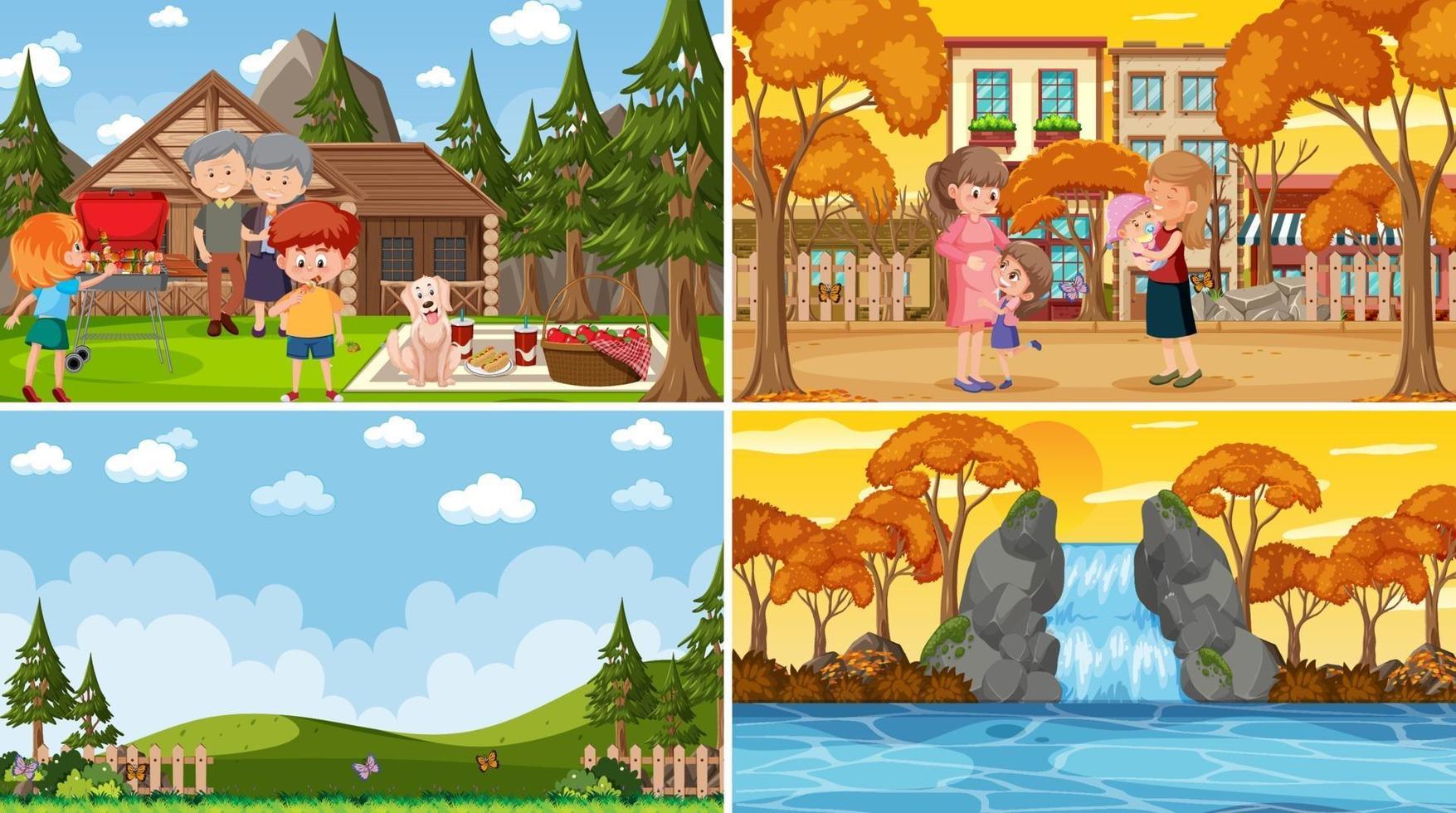 Set of different nature scenes cartoon style vector