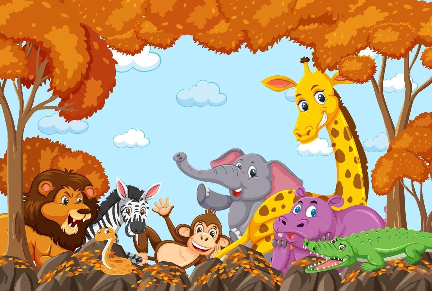 Wild animals group in autumn forest scene vector