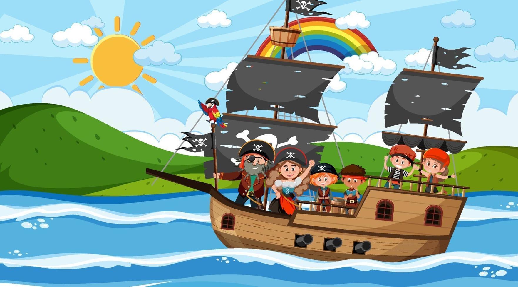 Escena del océano durante el día con niños piratas en el barco. vector