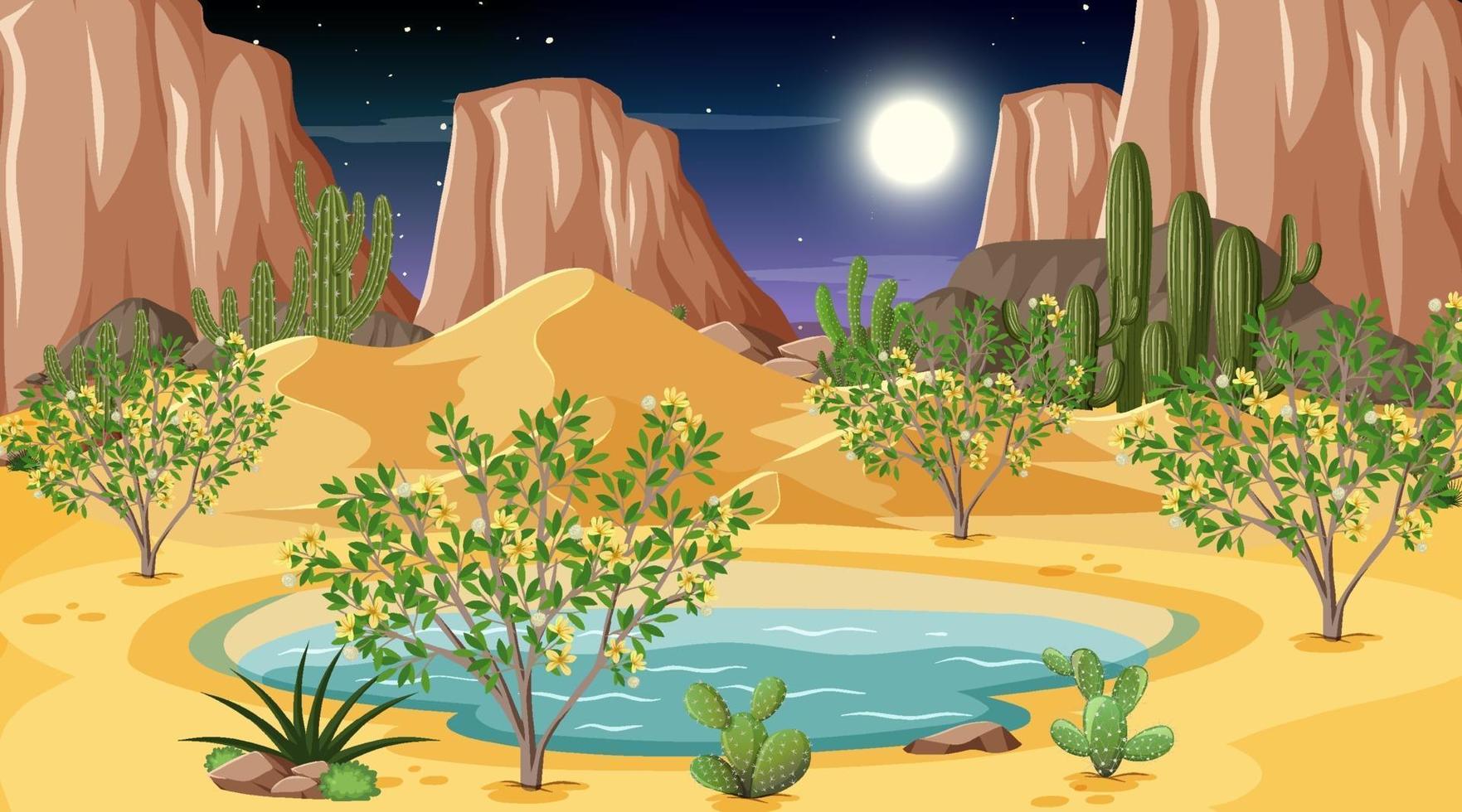 paisaje de bosque desértico en la escena nocturna con oasis vector